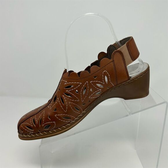 Rieker Brown Leather Slingback Sandals Size 39 (US 8) Cutout Floral Design - Picture 3 of 13